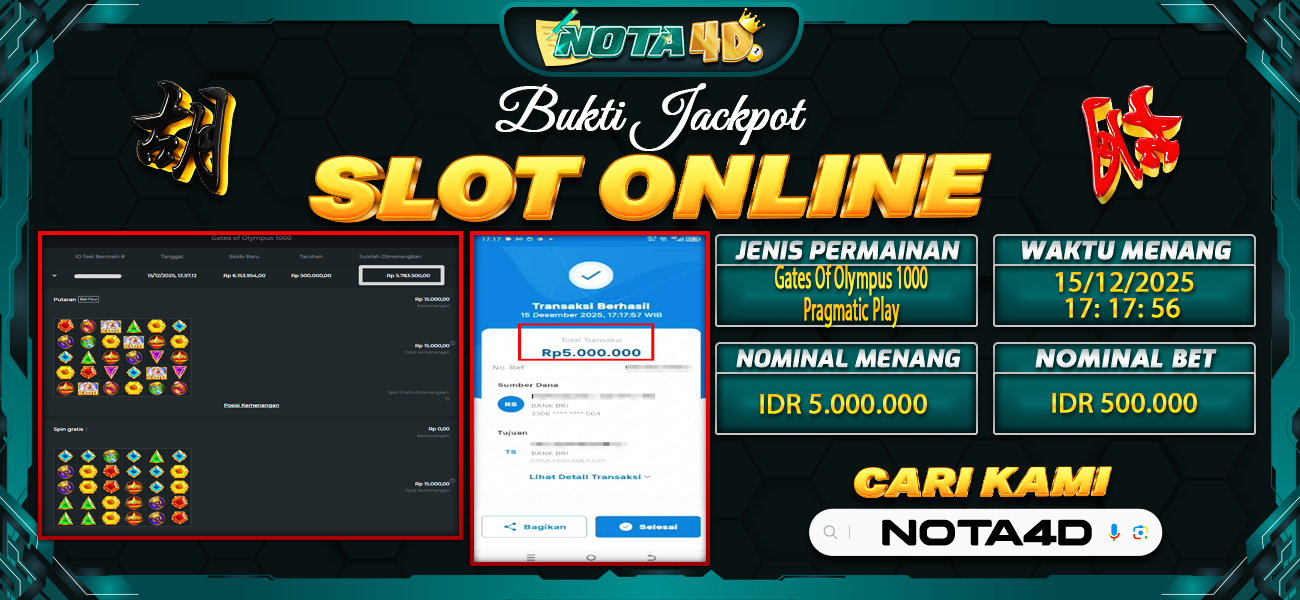Bukti Kemenangan Besar Dibayar lunas Member NOTA4D RP 5.000.000, 16 Desember 2025