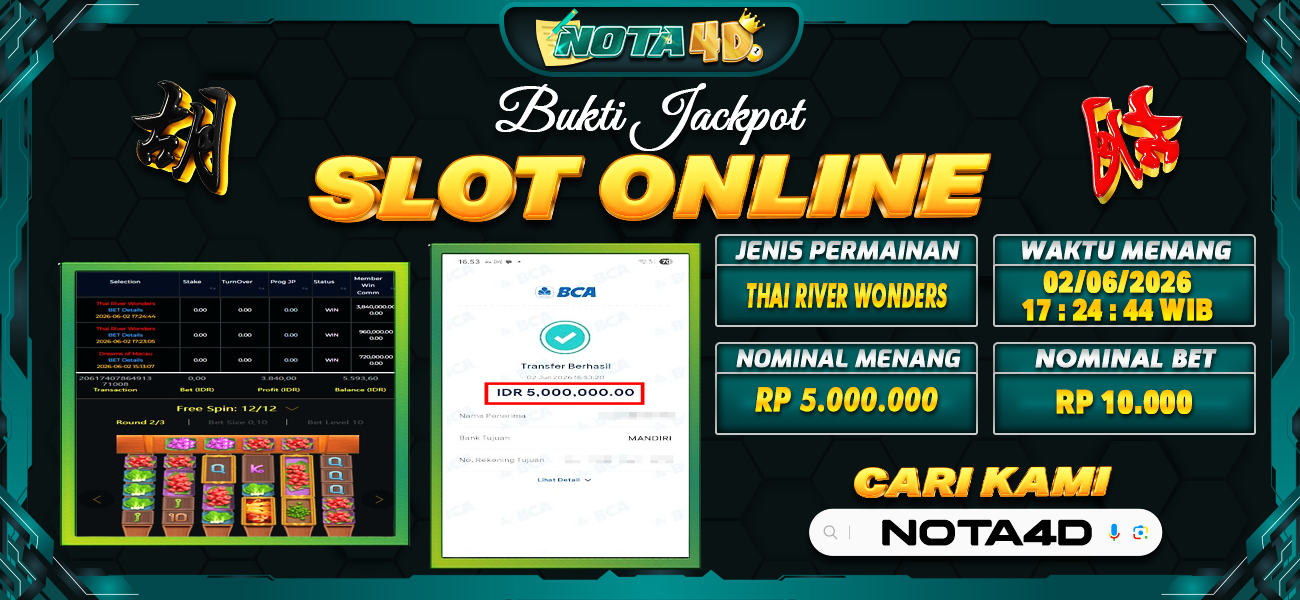 Bukti Kemenangan Besar Dibayar lunas Member NOTA4D RP 5.000.000, 2 Juni 2026