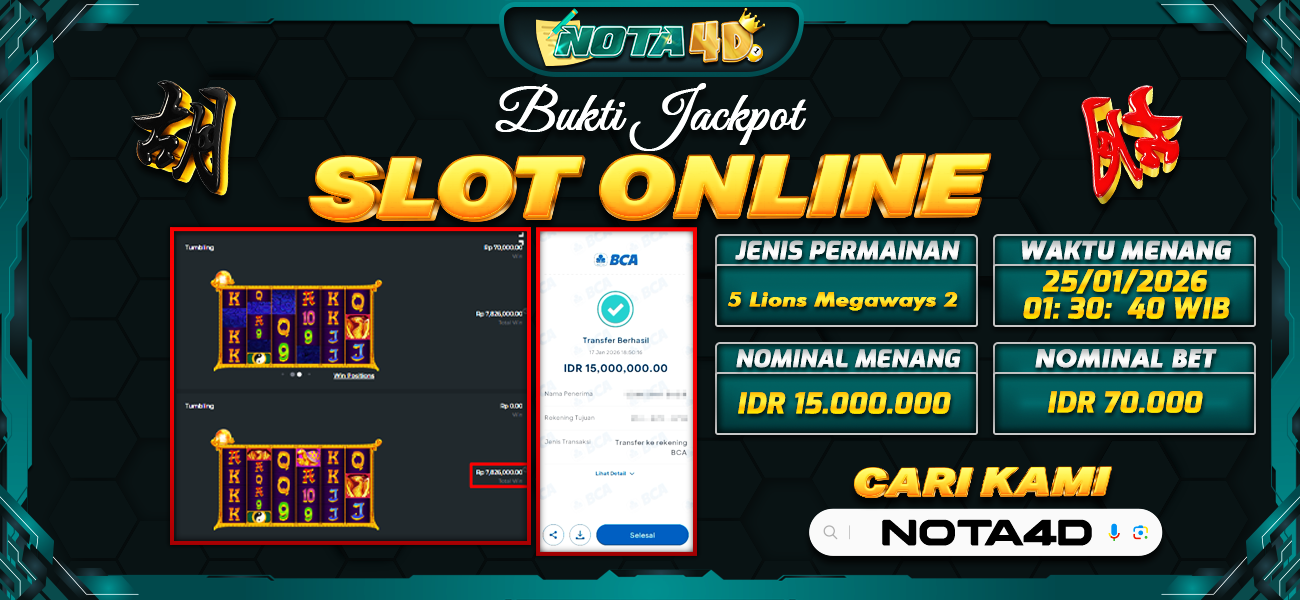 Bukti Kemenangan Besar Dibayar lunas Member NOTA4D RP 15.000.000, 25 Januari 2026