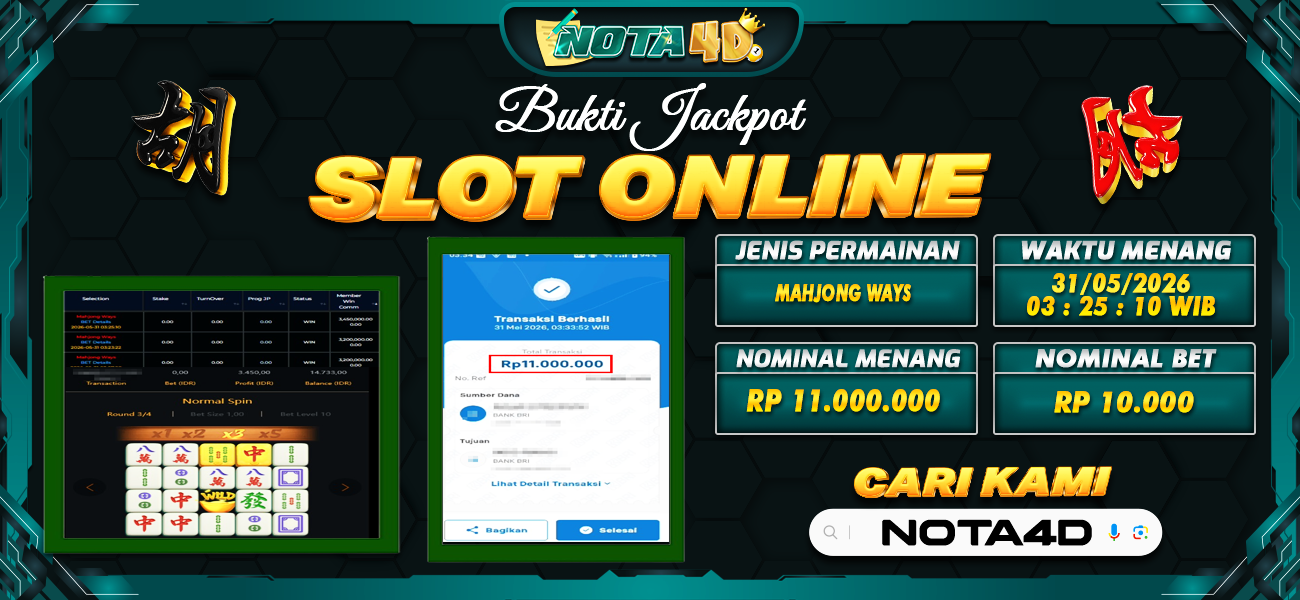 Bukti Kemenangan Besar Dibayar lunas Member NOTA4D RP 11.000.000, 31 Mei 2026