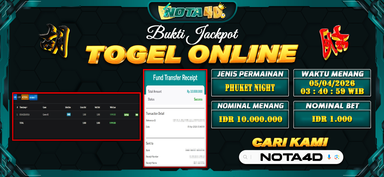 Bukti Kemenangan Besar Dibayar lunas Member NOTA4D RP 10.000.000, 5 April 2026