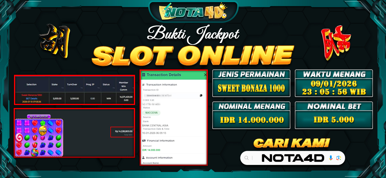 Bukti Kemenangan Besar Dibayar lunas Member NOTA4D RP 14.000.000, 9 Januari 2026